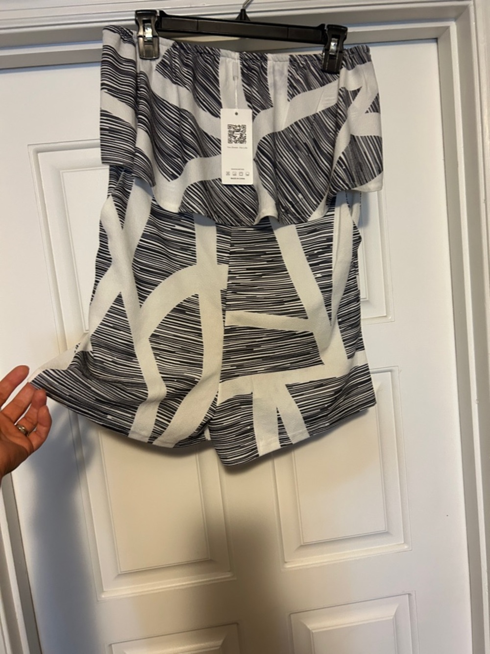 Off-Shoulder Black & White Printed Romper